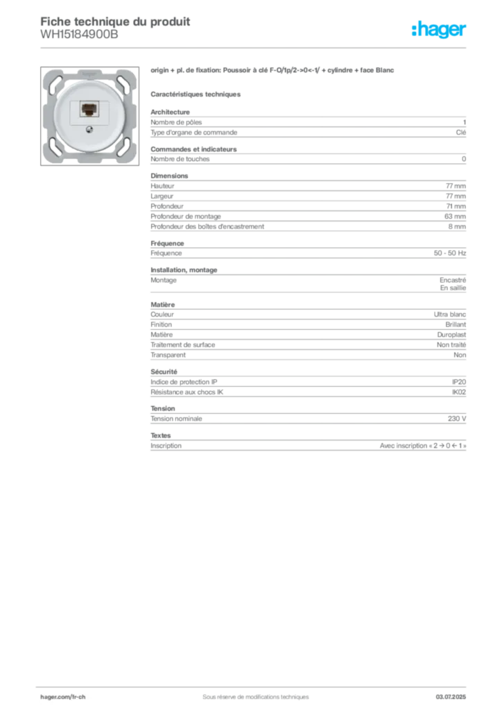 Image Hager Fiche technique du produit WH15184900B | Hager Suisse