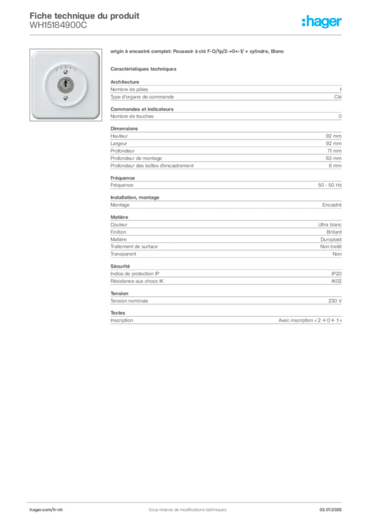 Image Hager Fiche technique du produit WH15184900C | Hager Suisse