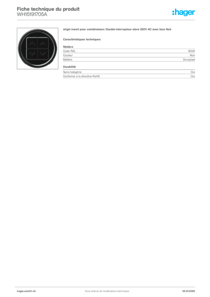 Image Hager Fiche technique du produit WH15191705A | Hager Suisse