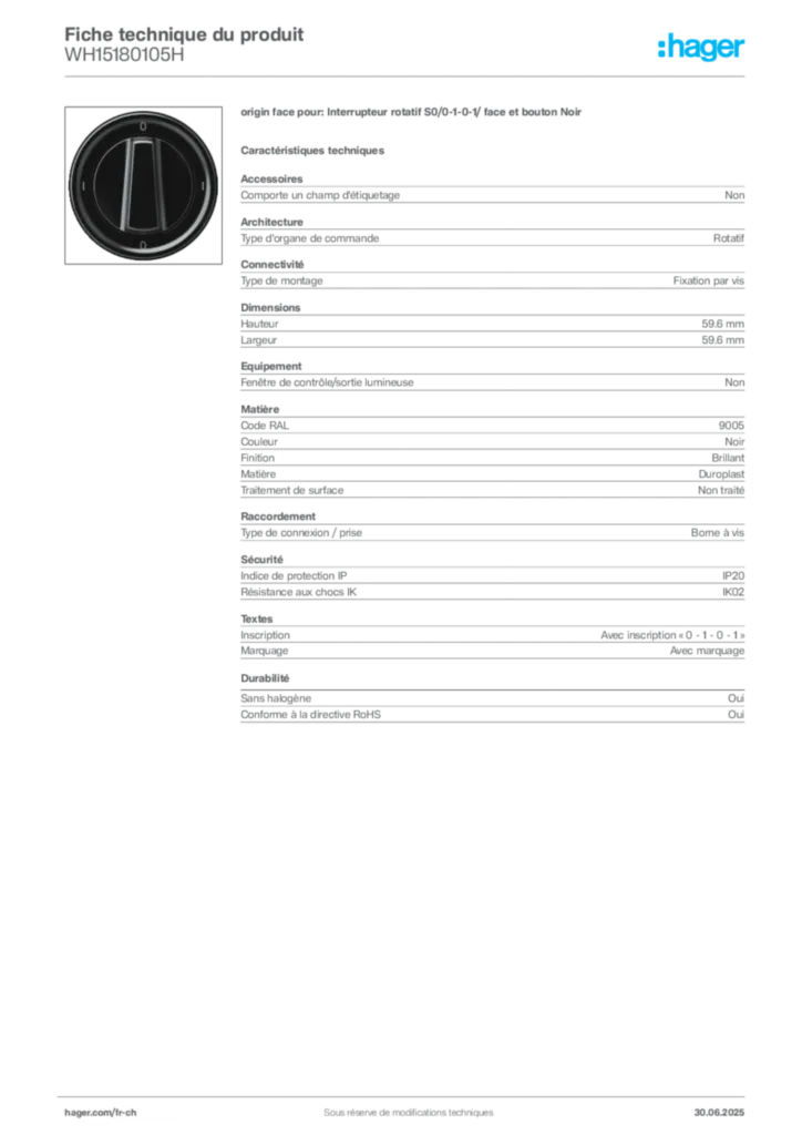 Image Hager Fiche technique du produit WH15180105H | Hager Suisse