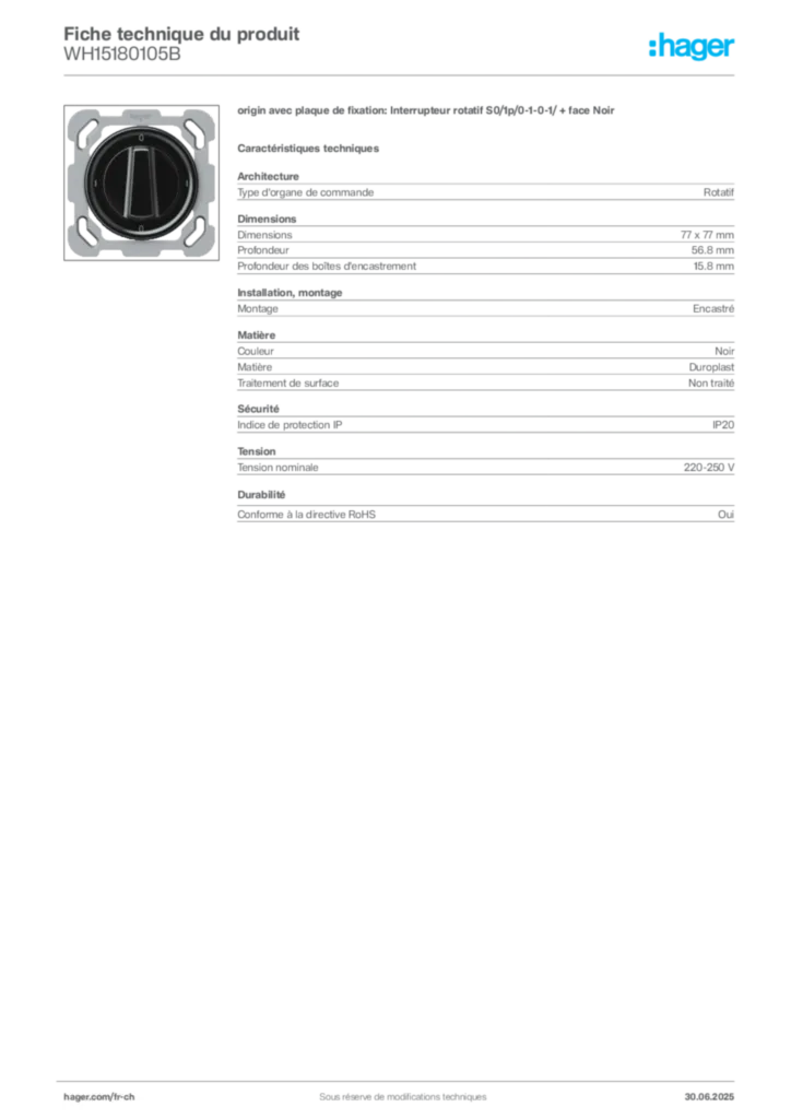 Image Hager Fiche technique du produit WH15180105B | Hager Suisse