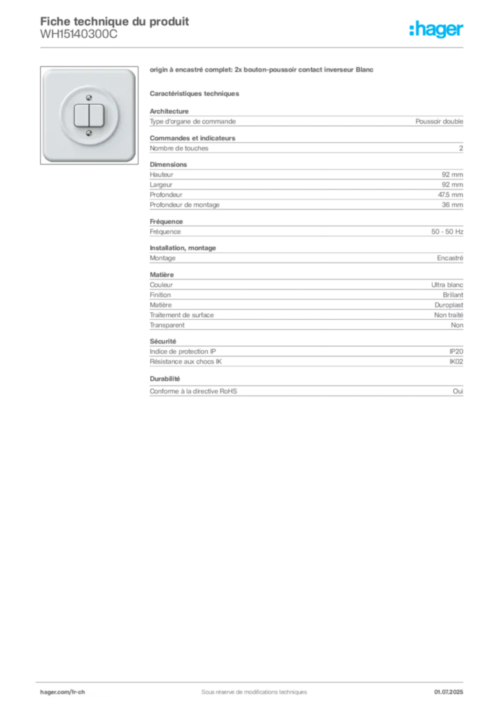 Image Hager Fiche technique du produit WH15140300C | Hager Suisse