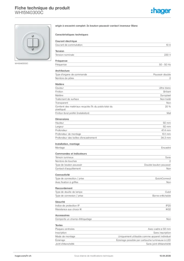 Image Hager Fiche technique du produit WH15140300C | Hager Suisse