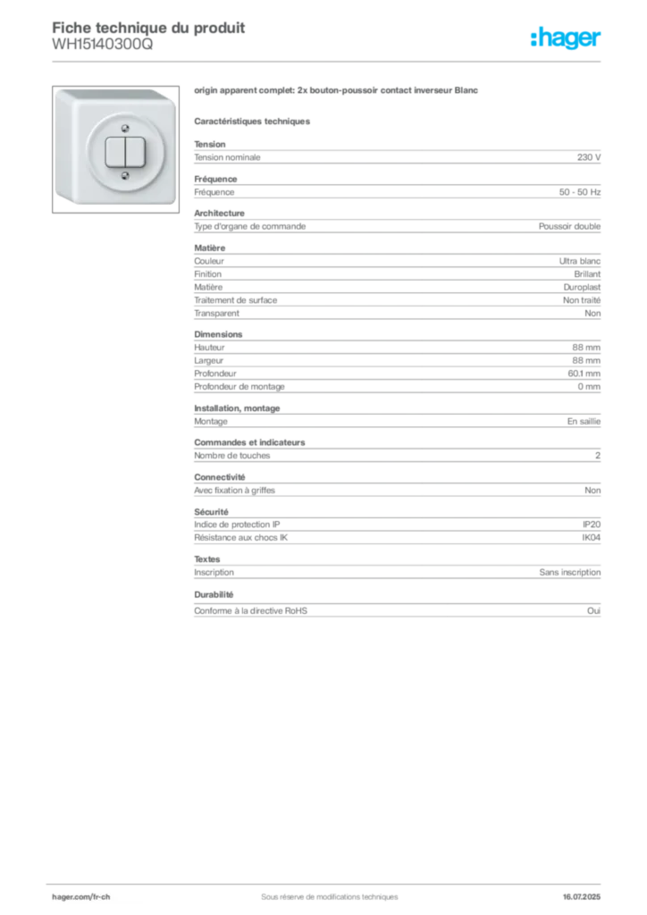 Image Hager Fiche technique du produit WH15140300Q | Hager Suisse