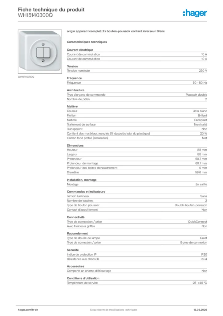 Image Hager Fiche technique du produit WH15140300Q | Hager Suisse