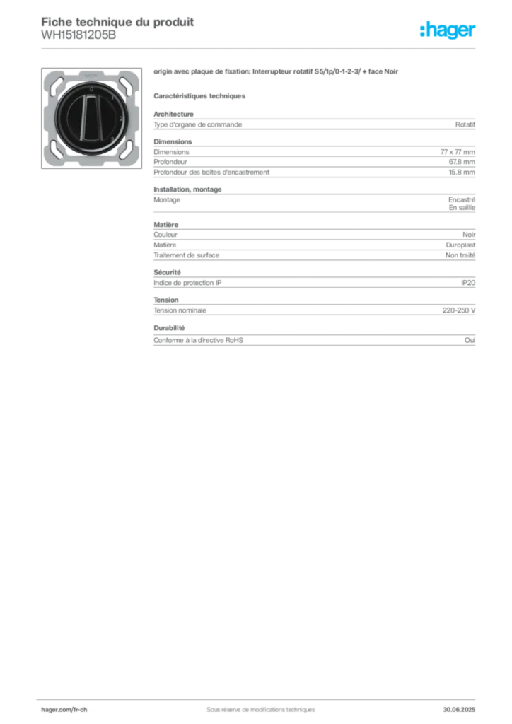 Image Hager Fiche technique du produit WH15181205B | Hager Suisse