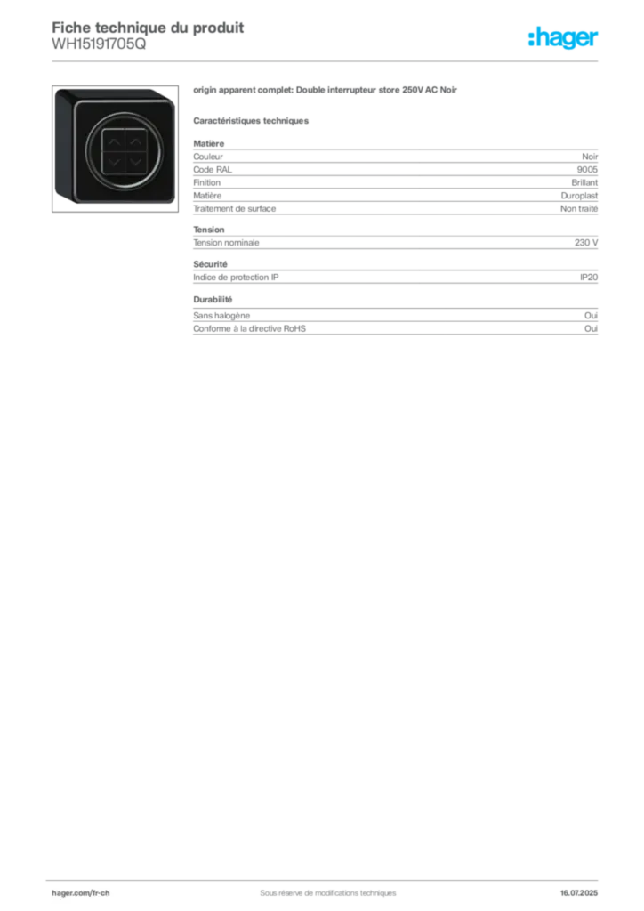 Image Hager Fiche technique du produit WH15191705Q | Hager Suisse