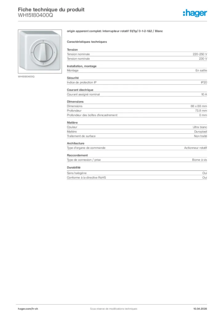 Image Hager Fiche technique du produit WH15180400Q | Hager Suisse