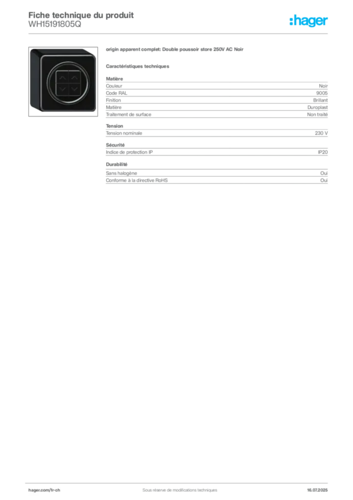 Image Hager Fiche technique du produit WH15191805Q | Hager Suisse