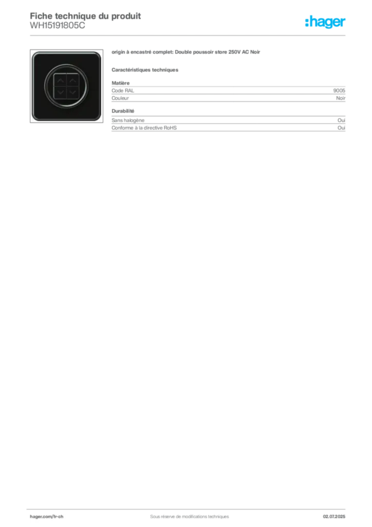 Image Hager Fiche technique du produit WH15191805C | Hager Suisse