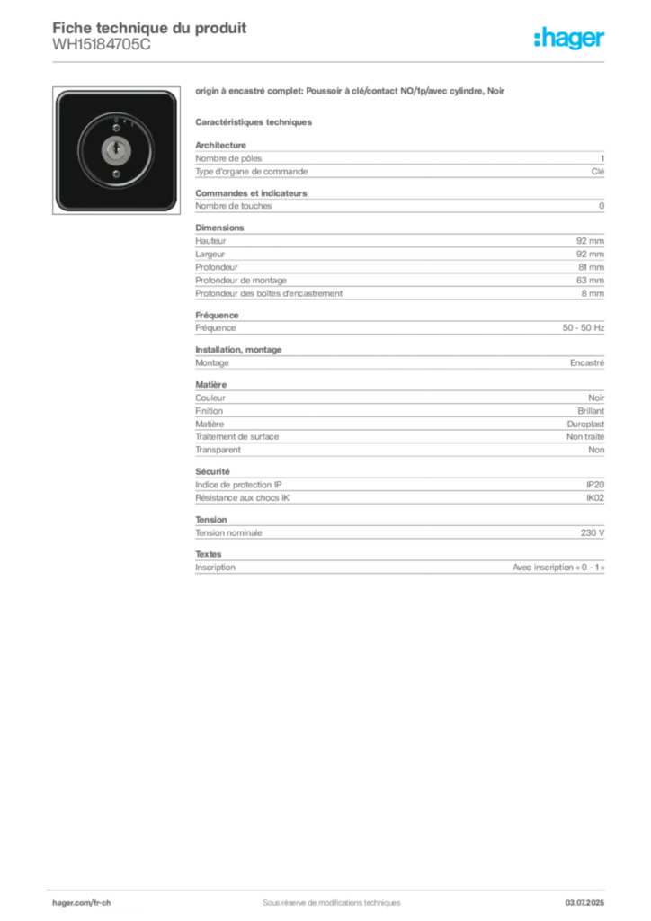 Image Hager Fiche technique du produit WH15184705C | Hager Suisse