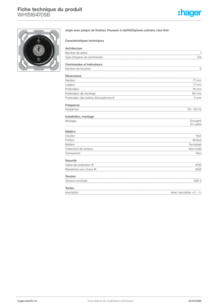 Image Hager Fiche technique du produit WH15184705B | Hager Suisse