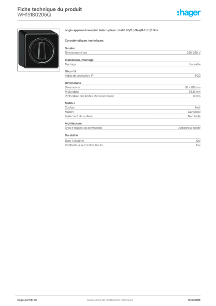 Image Hager Fiche technique du produit WH15180205Q | Hager Suisse