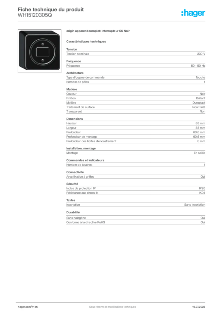 Image Hager Fiche technique du produit WH15120305Q | Hager Suisse
