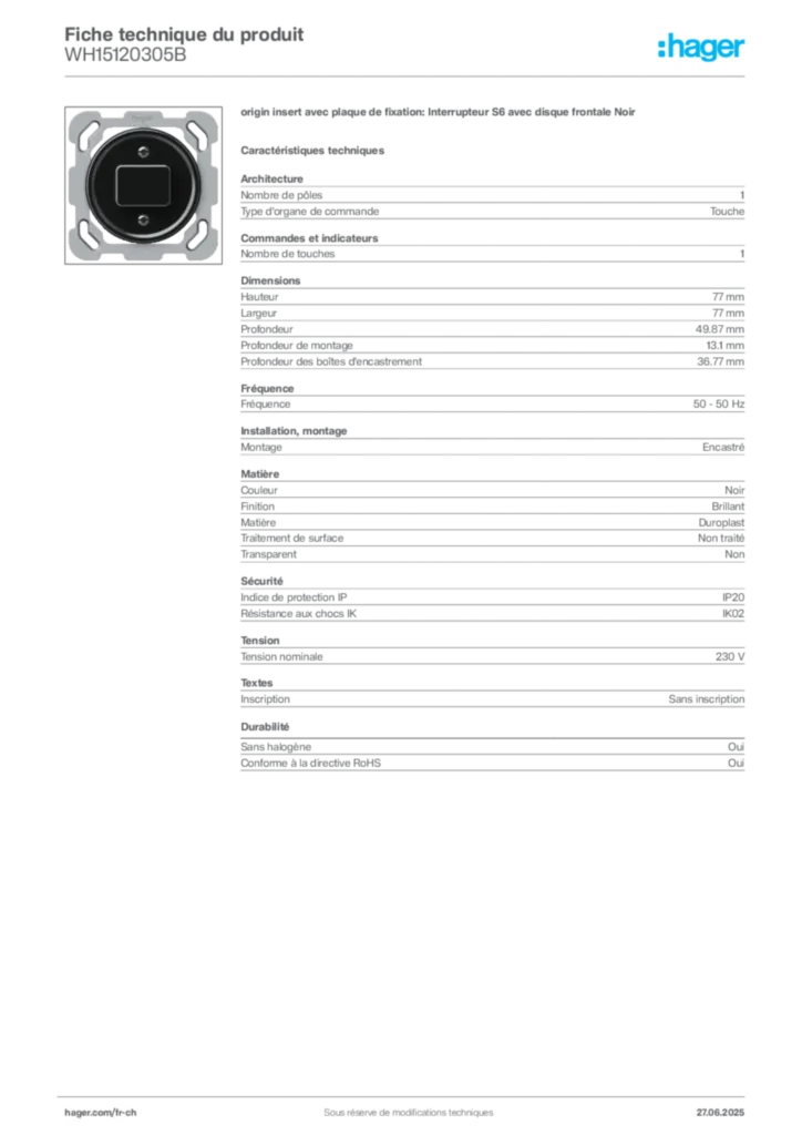 Image Hager Fiche technique du produit WH15120305B | Hager Suisse