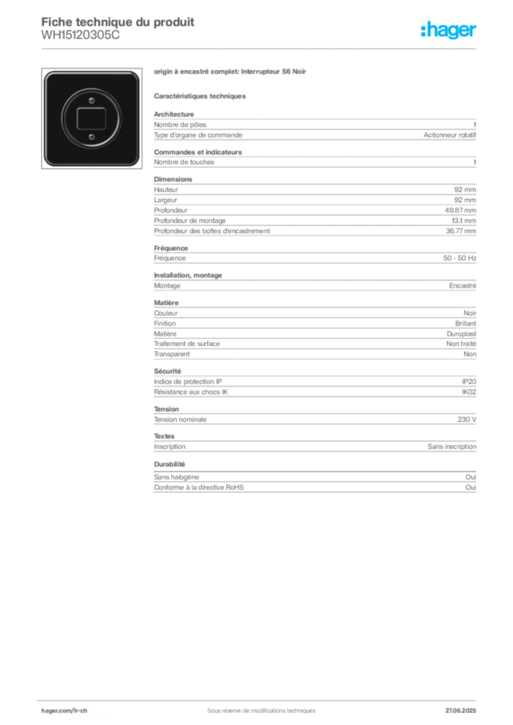 Image Hager Fiche technique du produit WH15120305C | Hager Suisse