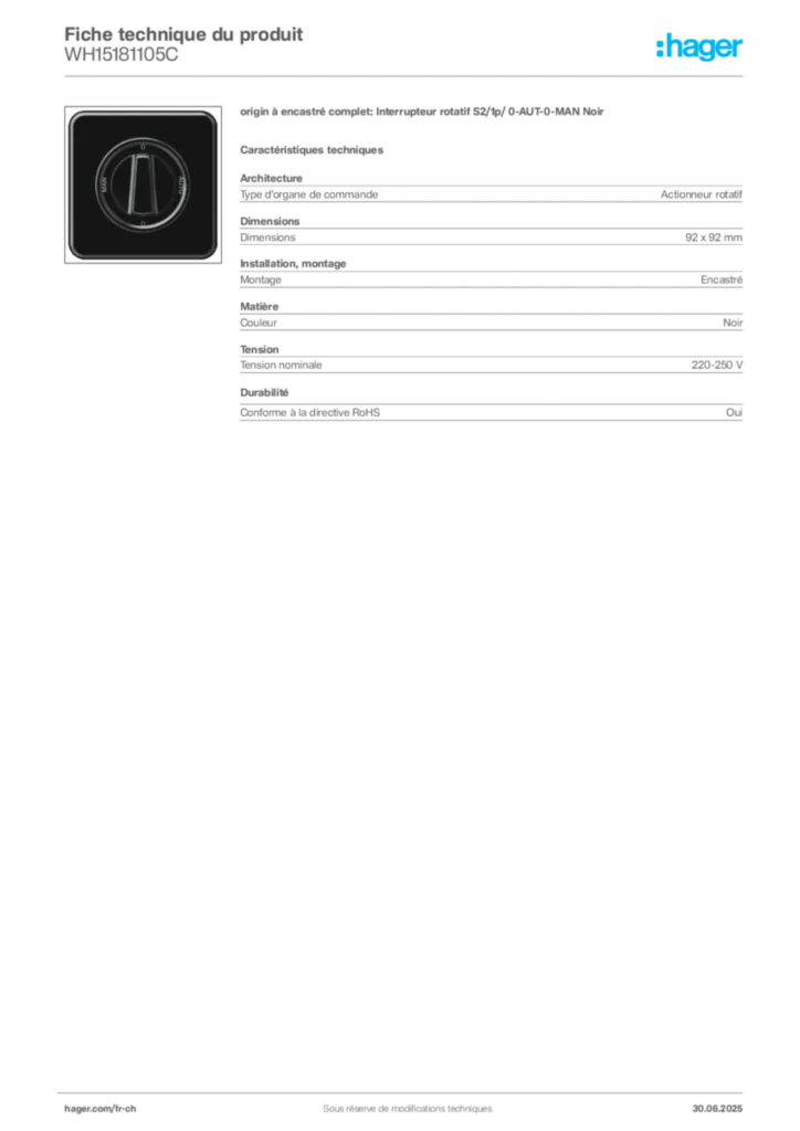 Image Hager Fiche technique du produit WH15181105C | Hager Suisse