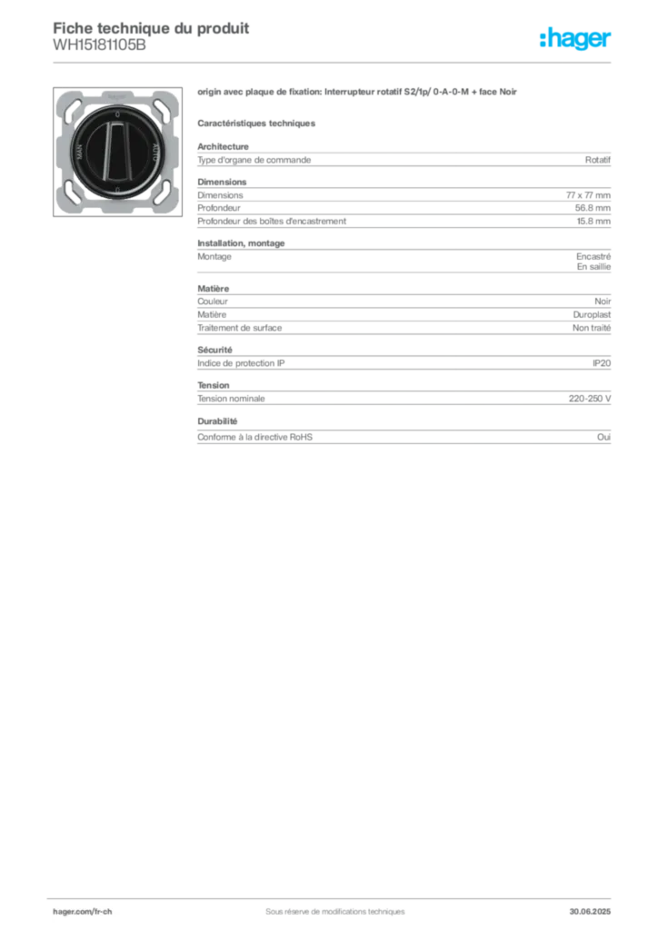 Image Hager Fiche technique du produit WH15181105B | Hager Suisse