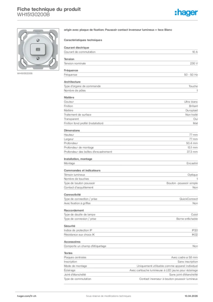 Image Hager Fiche technique du produit WH15130200B | Hager Suisse