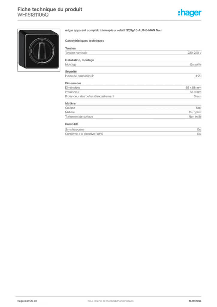Image Hager Fiche technique du produit WH15181105Q | Hager Suisse