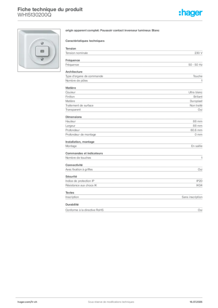 Image Hager Fiche technique du produit WH15130200Q | Hager Suisse