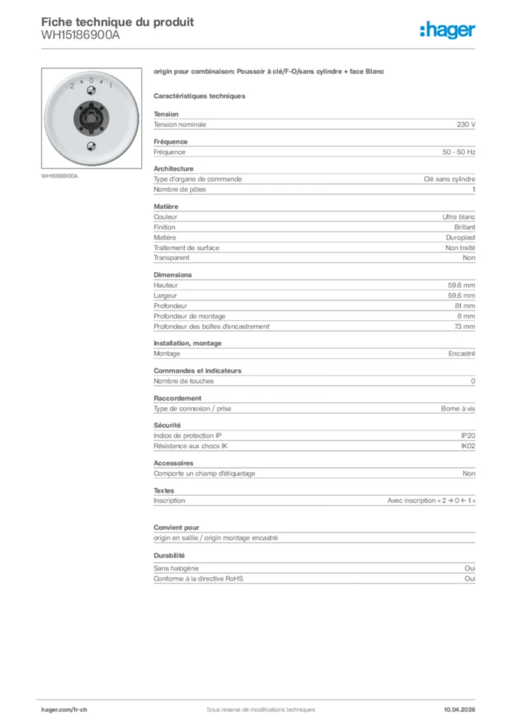 Image Hager Fiche technique du produit WH15186900A | Hager Suisse