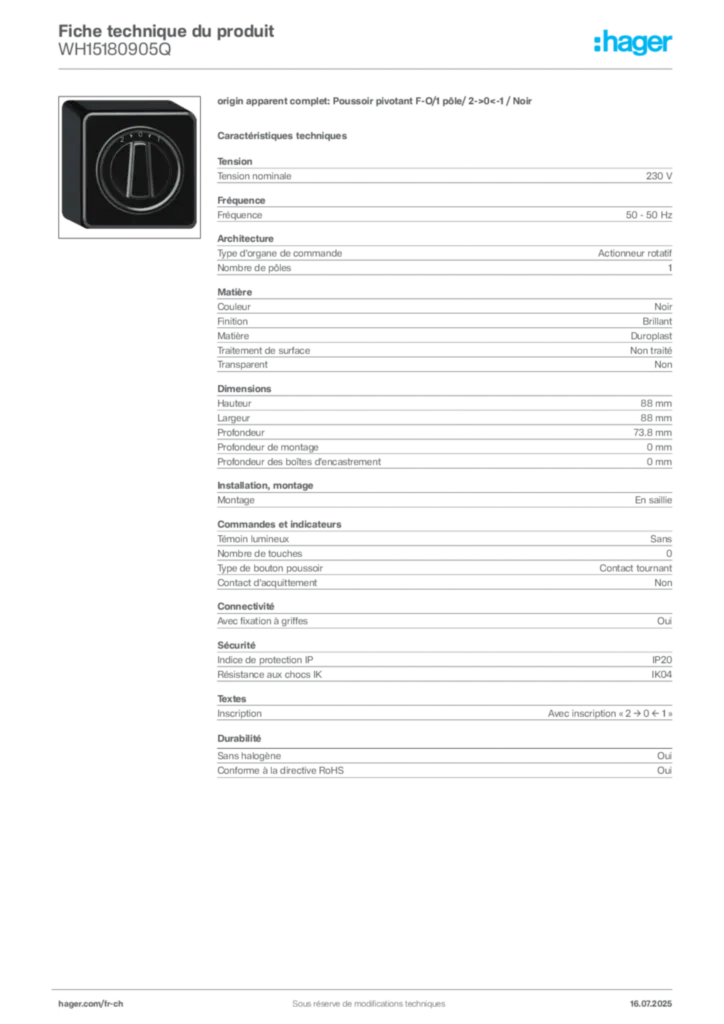 Image Hager Fiche technique du produit WH15180905Q | Hager Suisse