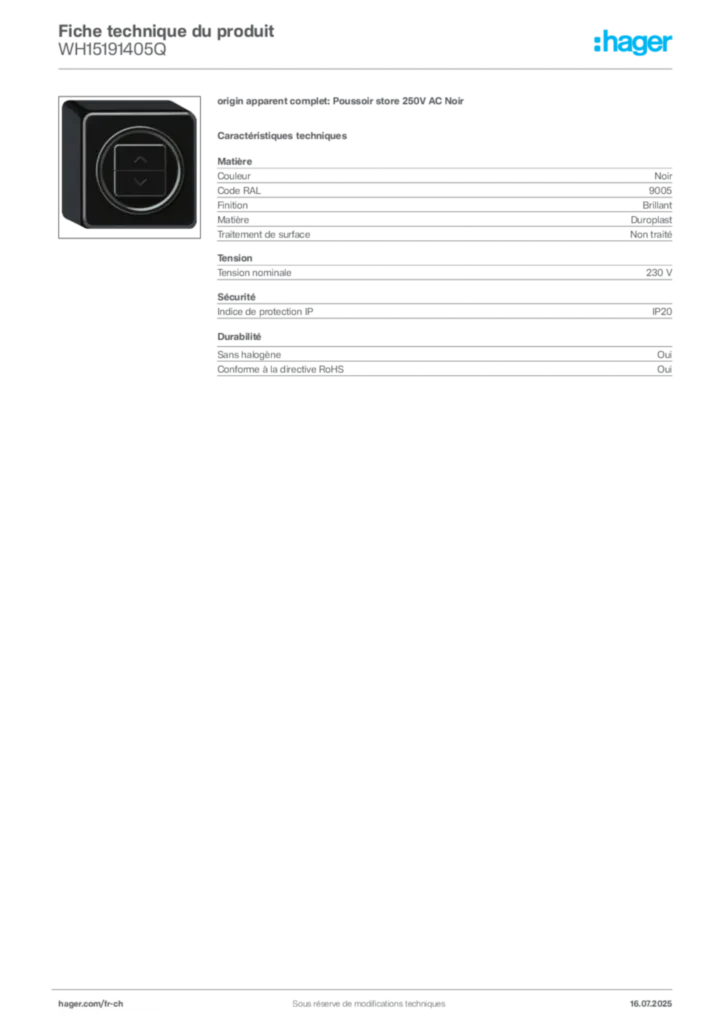 Image Hager Fiche technique du produit WH15191405Q | Hager Suisse