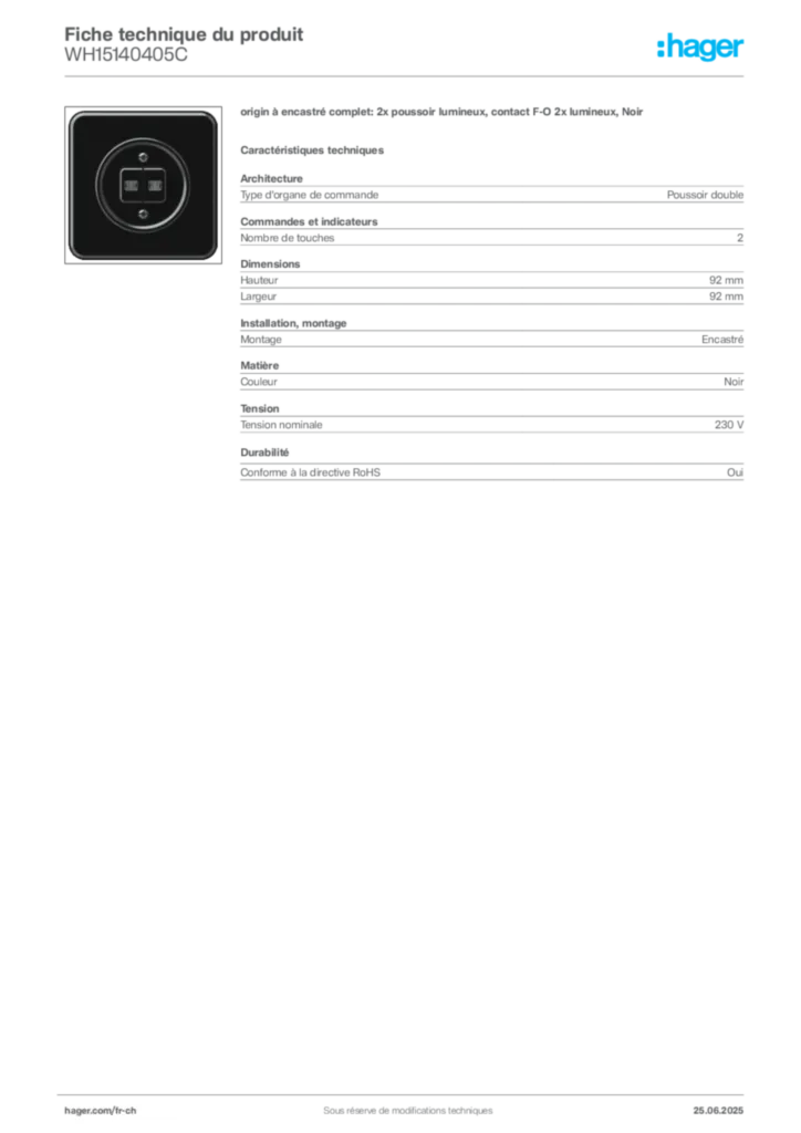 Image Hager Fiche technique du produit WH15140405C | Hager Suisse