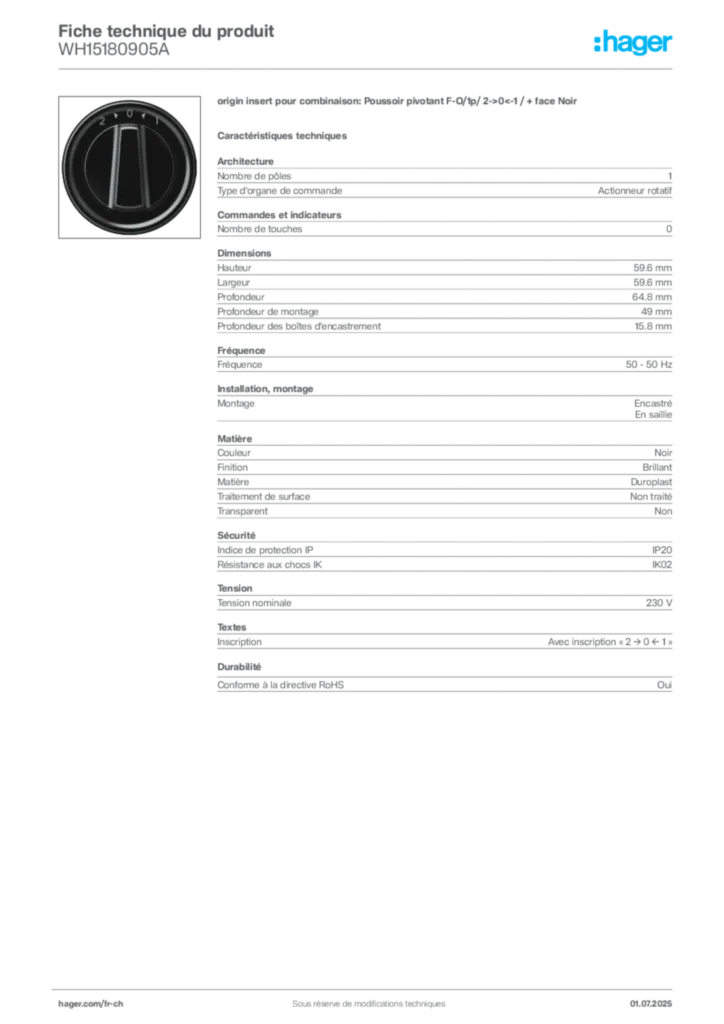 Image Hager Fiche technique du produit WH15180905A | Hager Suisse
