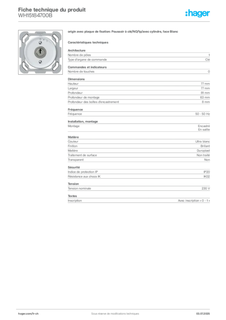 Image Hager Fiche technique du produit WH15184700B | Hager Suisse