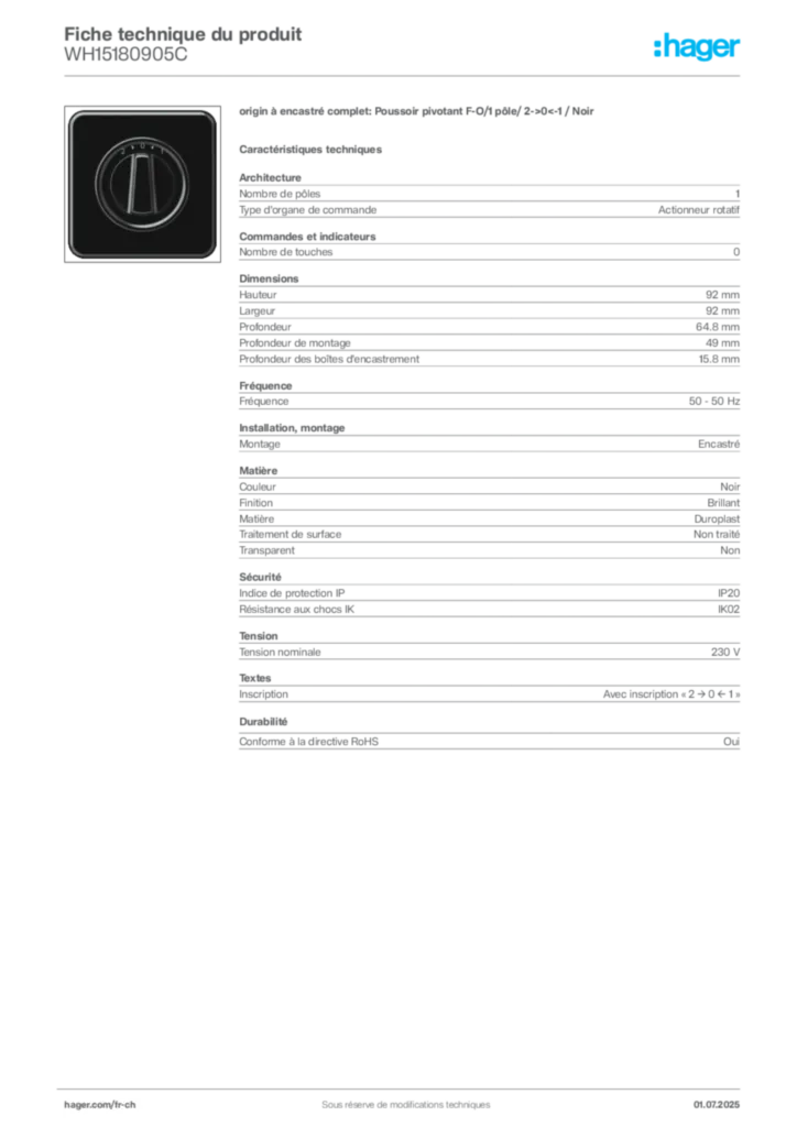 Image Hager Fiche technique du produit WH15180905C | Hager Suisse