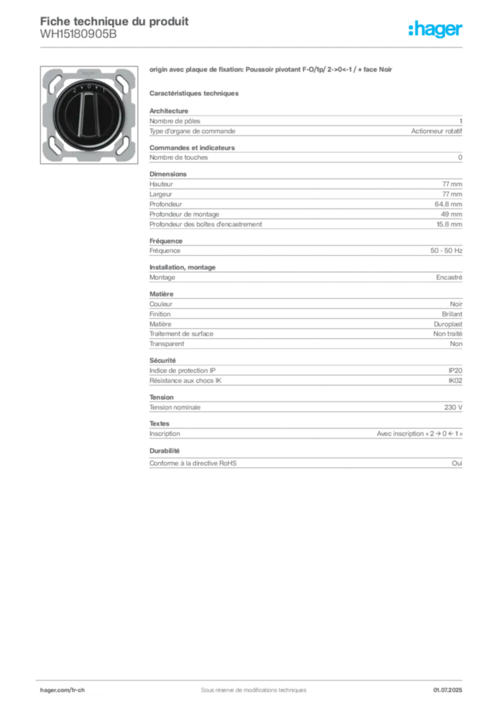 Image Hager Fiche technique du produit WH15180905B | Hager Suisse