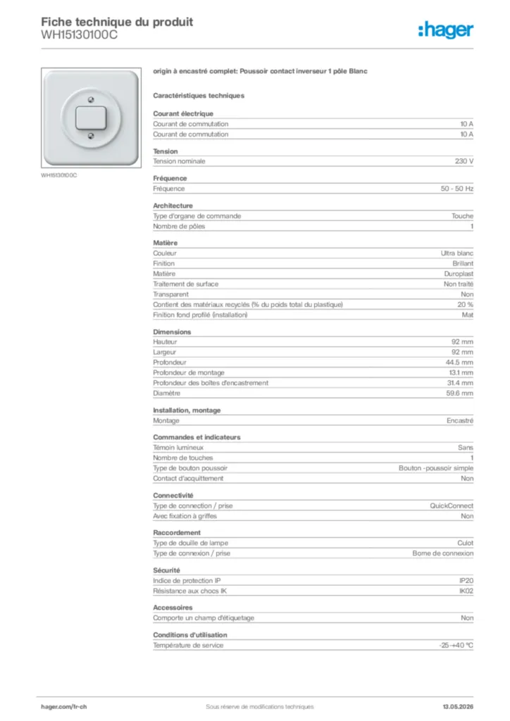 Image Hager Fiche technique du produit WH15130100C | Hager Suisse