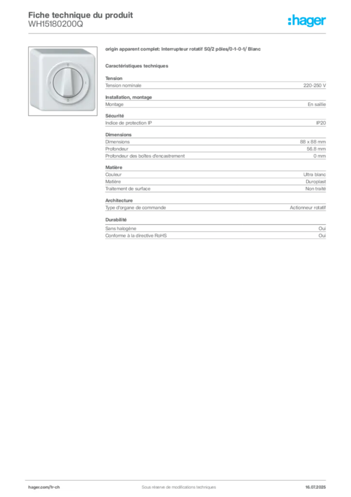Image Hager Fiche technique du produit WH15180200Q | Hager Suisse