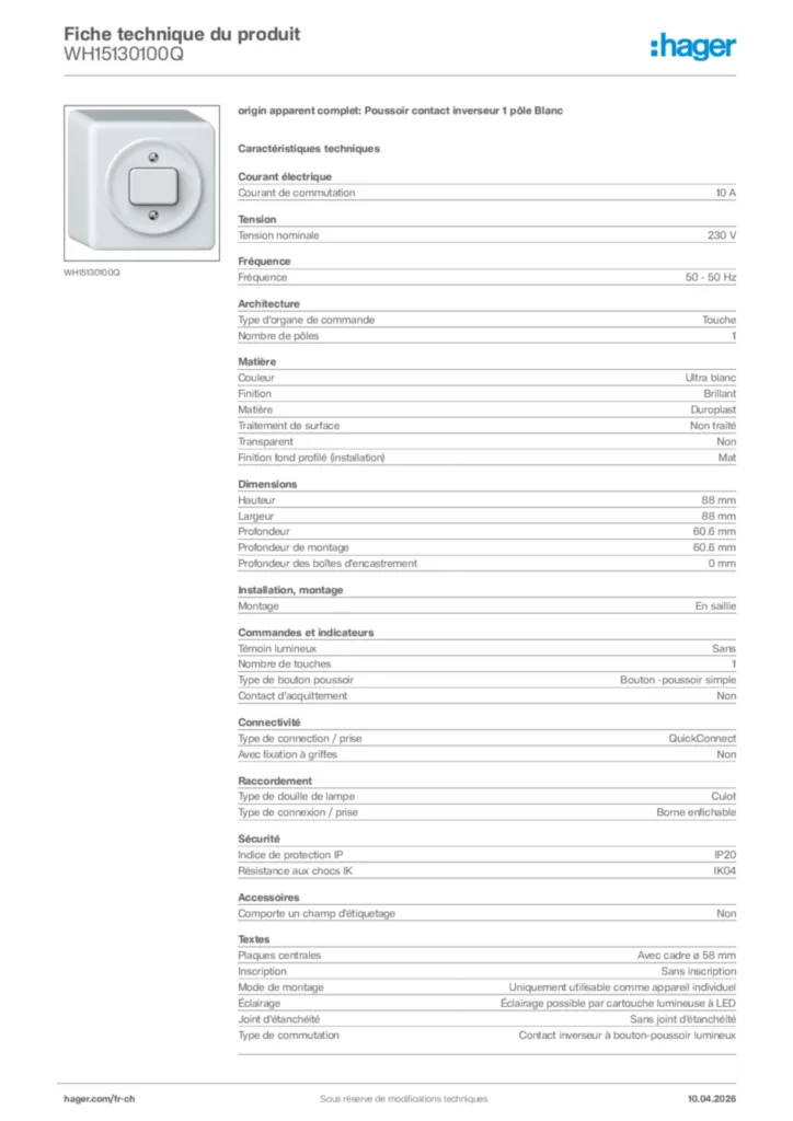Image Hager Fiche technique du produit WH15130100Q | Hager Suisse