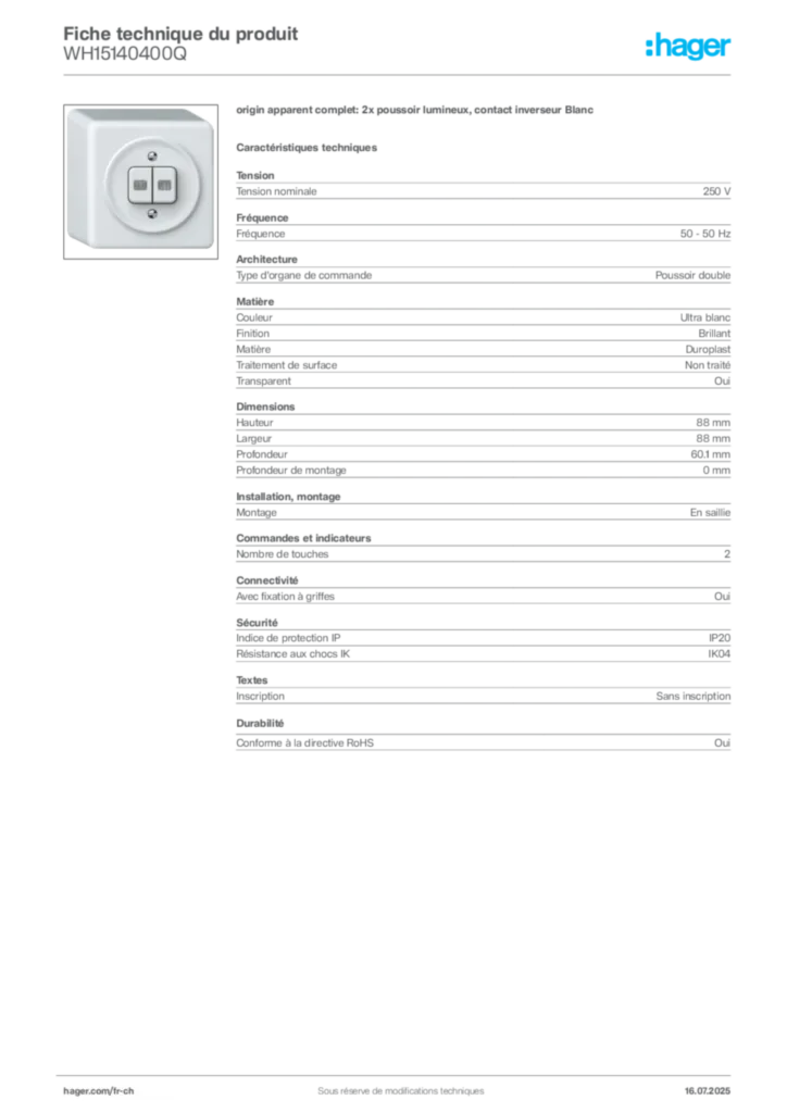 Image Hager Fiche technique du produit WH15140400Q | Hager Suisse
