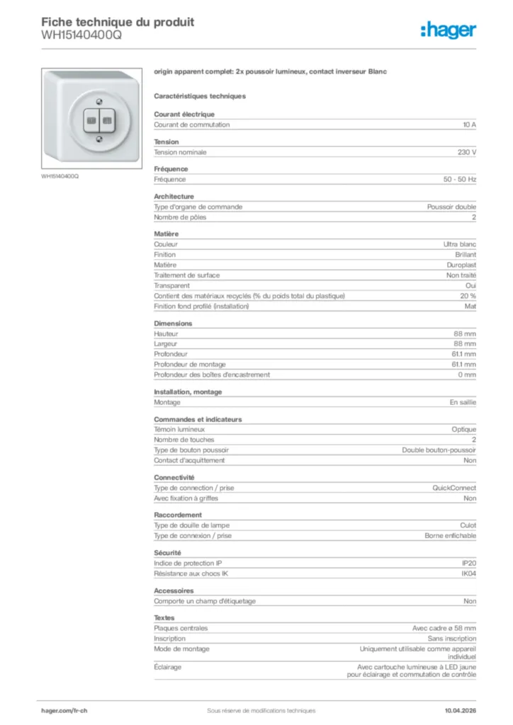 Image Hager Fiche technique du produit WH15140400Q | Hager Suisse