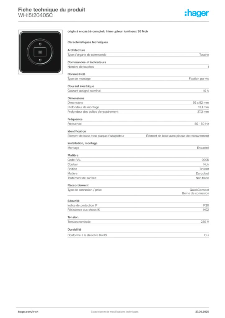 Image Hager Fiche technique du produit WH15120405C | Hager Suisse