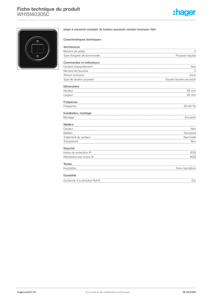 Image Hager Fiche technique du produit WH15140305C | Hager Suisse