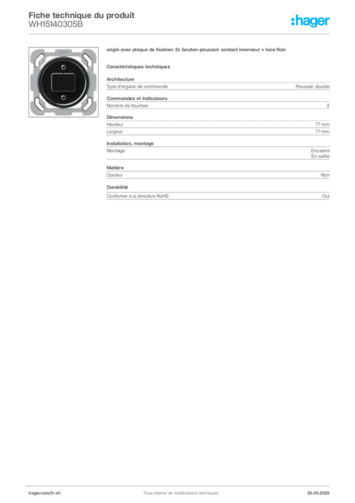 Image Hager Fiche technique du produit WH15140305B | Hager Suisse