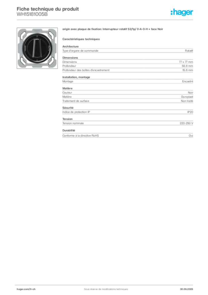 Image Hager Fiche technique du produit WH15181005B | Hager Suisse
