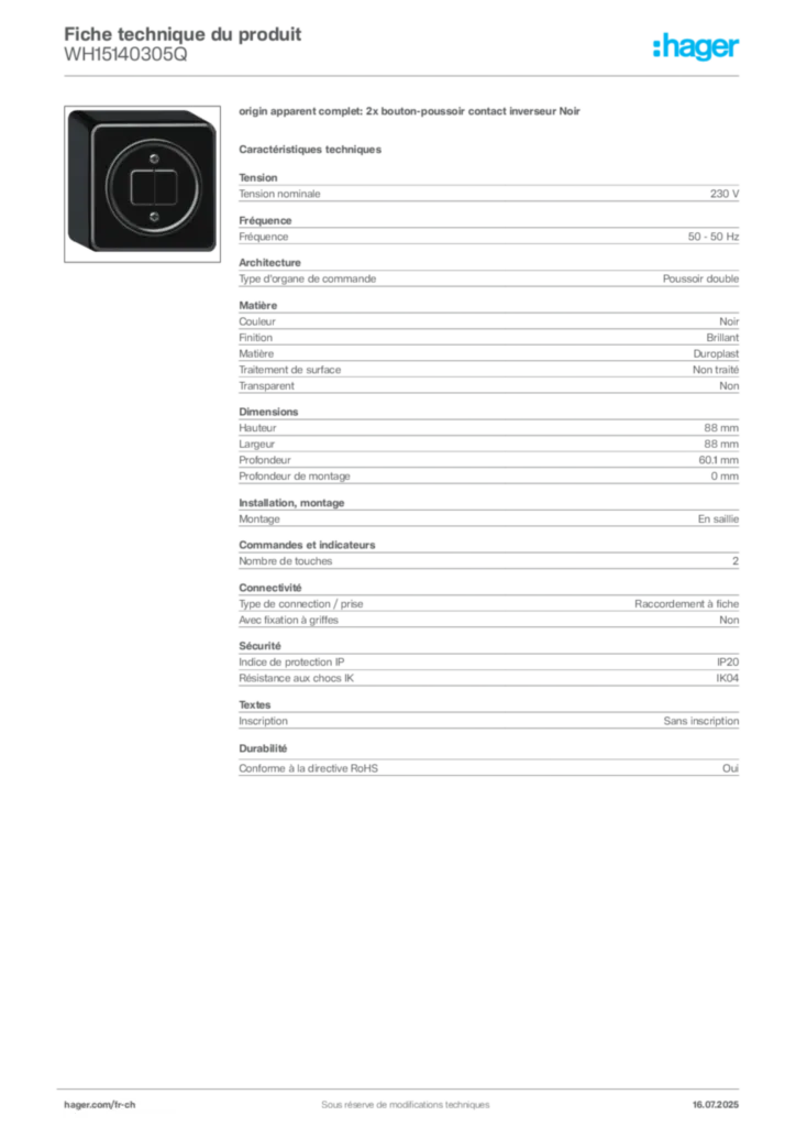 Image Hager Fiche technique du produit WH15140305Q | Hager Suisse