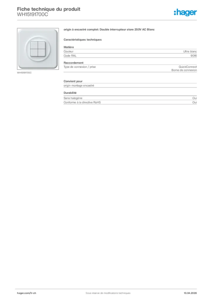 Image Hager Fiche technique du produit WH15191700C | Hager Suisse
