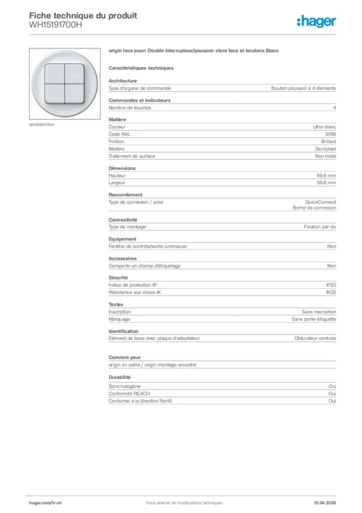 Image Hager Fiche technique du produit WH15191700H | Hager Suisse