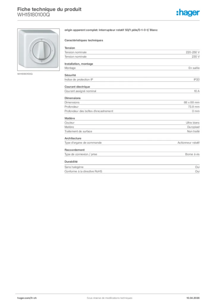 Image Hager Fiche technique du produit WH15180100Q | Hager Suisse