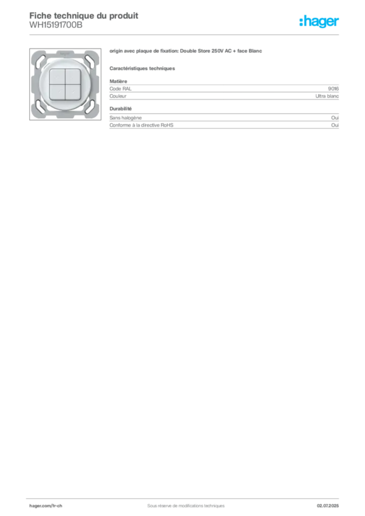 Image Hager Fiche technique du produit WH15191700B | Hager Suisse