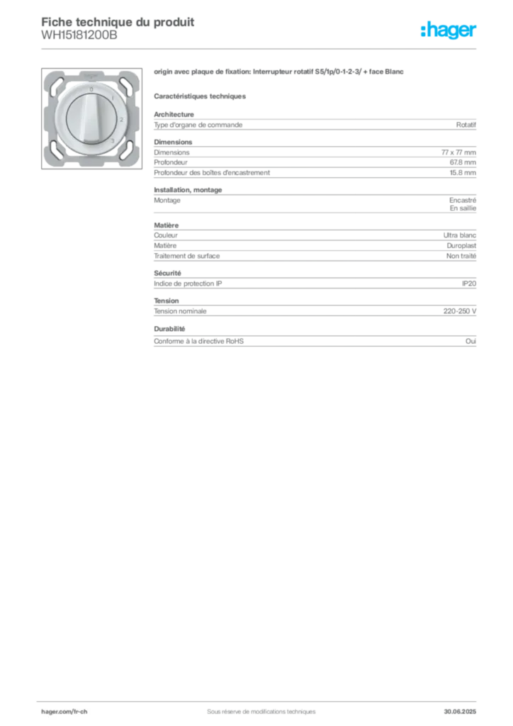 Image Hager Fiche technique du produit WH15181200B | Hager Suisse