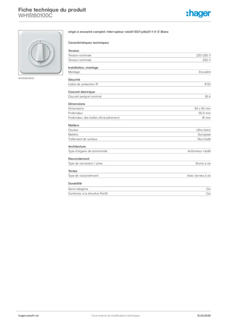 Image Hager Fiche technique du produit WH15180100C | Hager Suisse