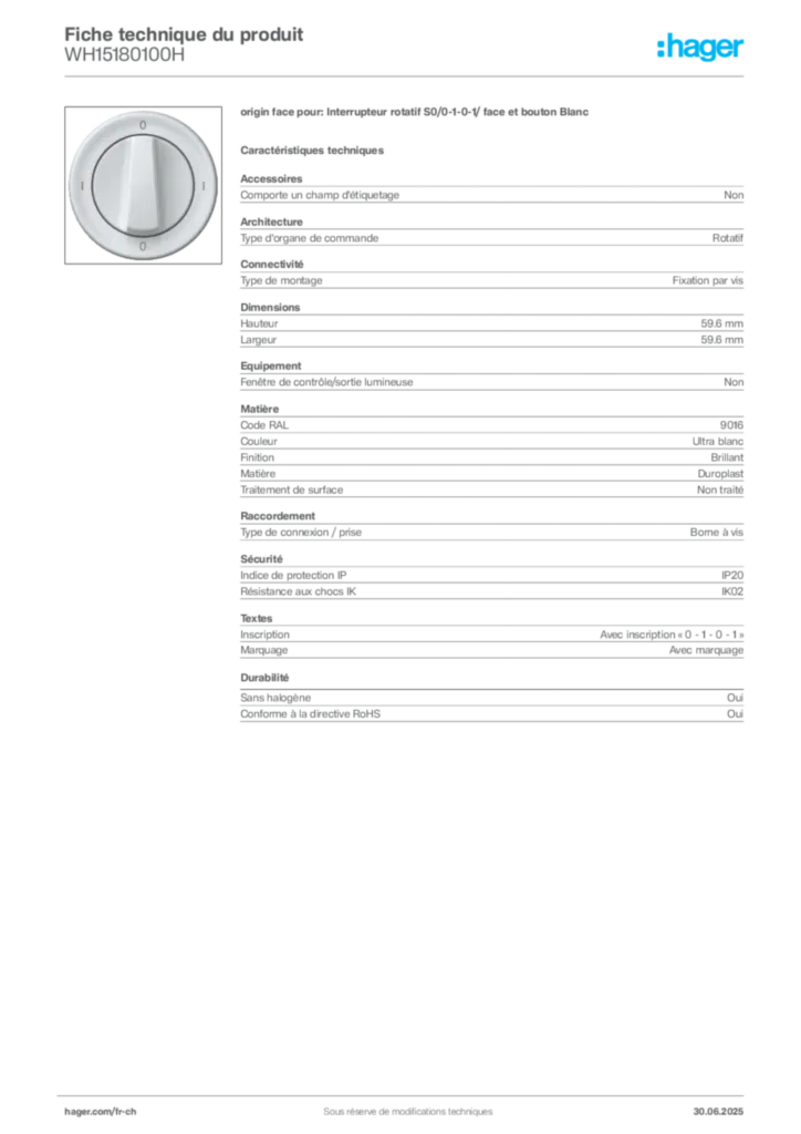 Image Hager Fiche technique du produit WH15180100H | Hager Suisse